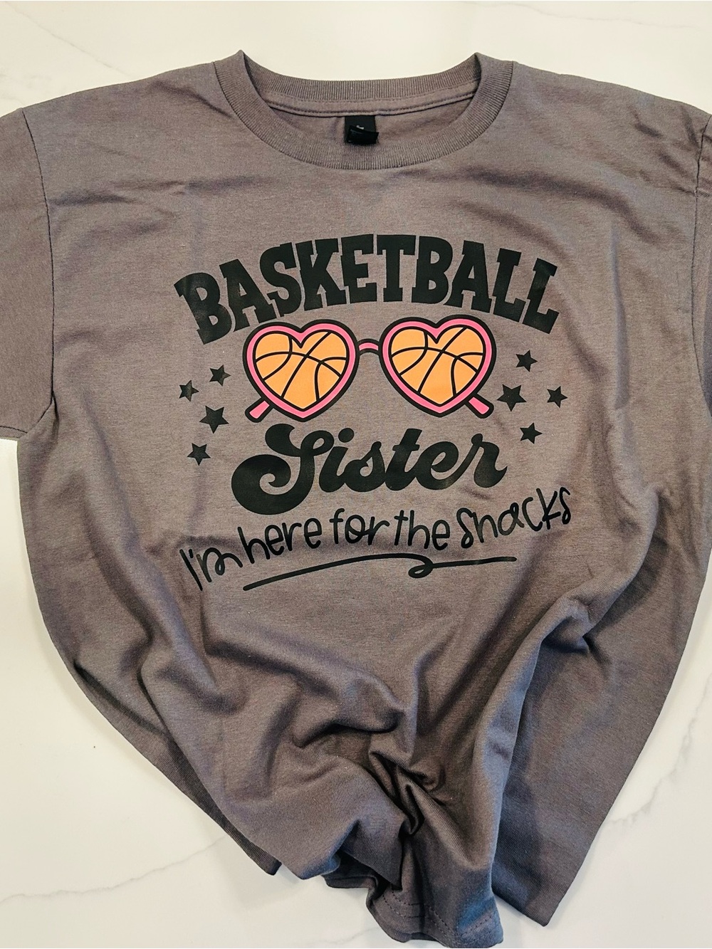 Gildan Gray 'Basketball Sister' Graphic Tee with Pink & Orange Accents